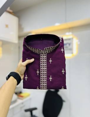 Purple matka silk sliver zari with embroidery butti work kurta pajama set 3