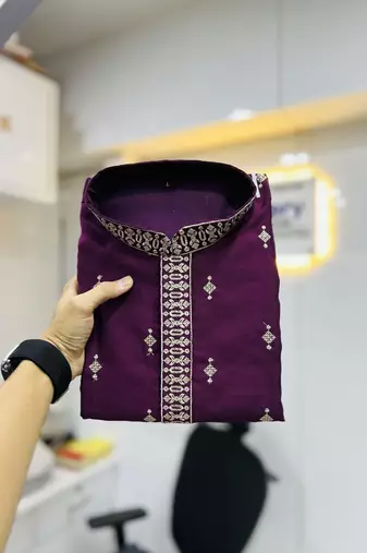 Purple matka silk sliver zari with embroidery butti work kurta pajama set
