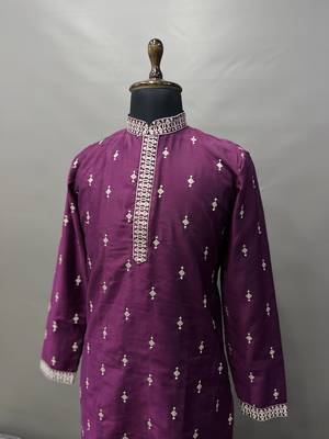 Purple matka silk sliver zari with embroidery butti work kurta pajama set 4