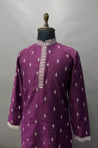 Purple matka silk sliver zari with embroidery butti work kurta pajama set