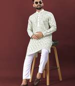 Green silky silk lucknowi multi colour thread embroidery with sequence work kurta pajama set