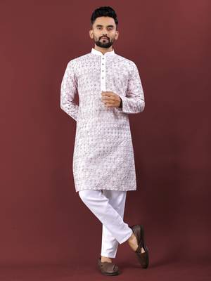 Lavender silky silk lucknowi multi colour thread embroidery with sequence work kurta pajama set 1