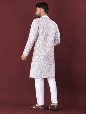 Lavender silky silk lucknowi multi colour thread embroidery with sequence work kurta pajama set 3