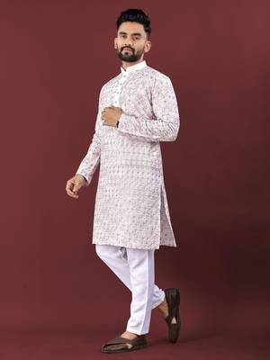 Lavender silky silk lucknowi multi colour thread embroidery with sequence work kurta pajama set 4