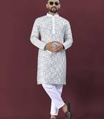 Teal silky silk lucknowi multi colour thread embroidery with sequence work kurta pajama set