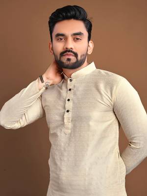Cream soft jacquard silk with seft butti kurta pajama set 2