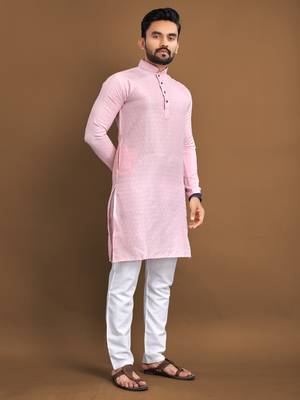 Pink soft jacquard silk with seft butti kurta pajama set 1