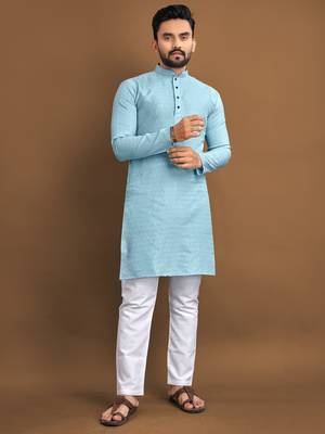 Sky blue soft jacquard silk with seft butti kurta pajama set 1