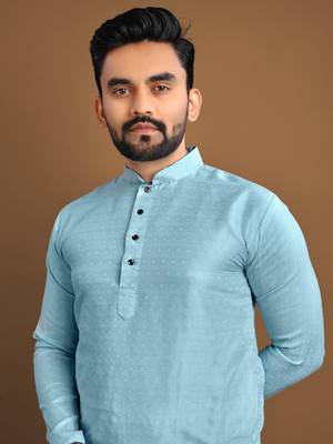 Sky blue soft jacquard silk with seft butti kurta pajama set 2