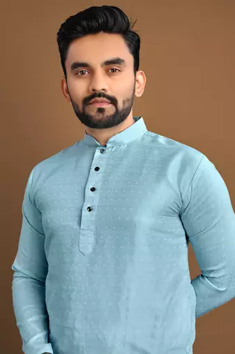 Sky blue soft jacquard silk with seft butti kurta pajama set