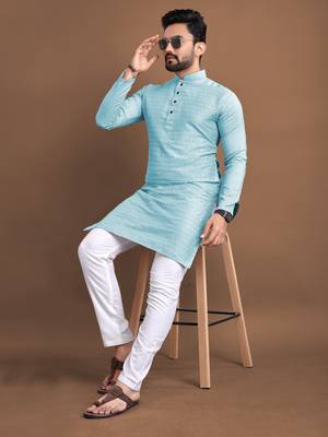 Sky blue soft jacquard silk with seft butti kurta pajama set 3