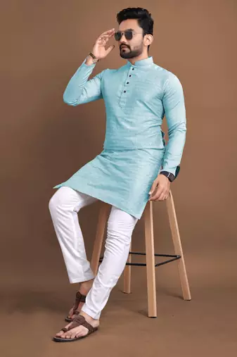 Sky blue soft jacquard silk with seft butti kurta pajama set