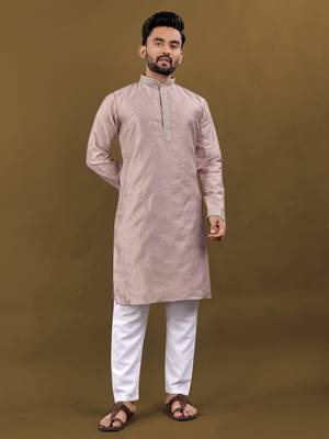 Mauve matka silk sliver zari with embroidery butti work kurta pajama set 1