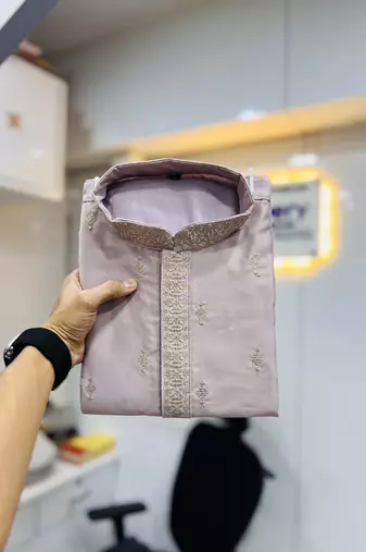 Mauve matka silk sliver zari with embroidery butti work kurta pajama set