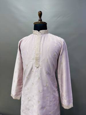 Mauve matka silk sliver zari with embroidery butti work kurta pajama set 4