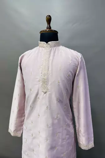 Mauve matka silk sliver zari with embroidery butti work kurta pajama set