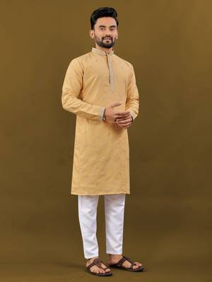 Light yellow matka silk sliver zari with embroidery butti work kurta pajama set 1