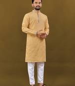 Light yellow matka silk sliver zari with embroidery butti work kurta pajama set