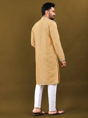 Light yellow matka silk sliver zari with embroidery butti work kurta pajama set 2