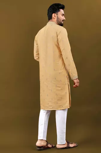 Light yellow matka silk sliver zari with embroidery butti work kurta pajama set