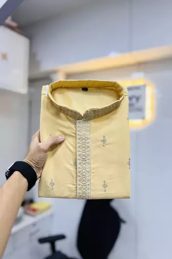 Light yellow matka silk sliver zari with embroidery butti work kurta pajama set