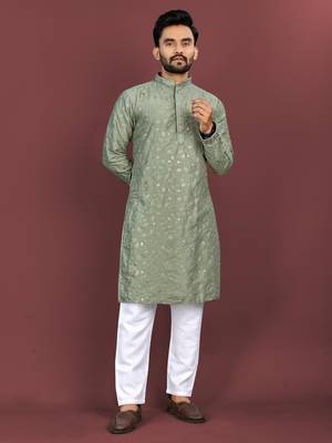 pista green silk multi thread embroidery sequence work kurta pajama set 1