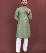 pista green silk multi thread embroidery sequence work kurta pajama set