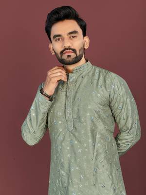 pista green silk multi thread embroidery sequence work kurta pajama set 2