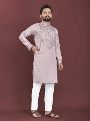 Mauve soft silk real mirror handwork on neck & sleeve kurta pajama set 1