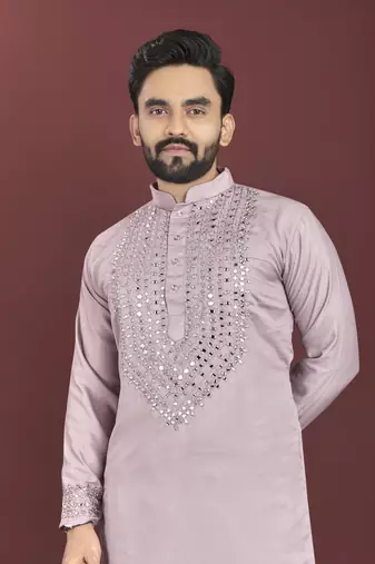 Mauve soft silk real mirror handwork on neck & sleeve kurta pajama set