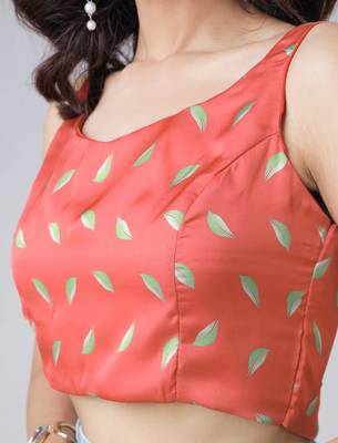mint green & coral freehand floral print pre-stitched saree 6