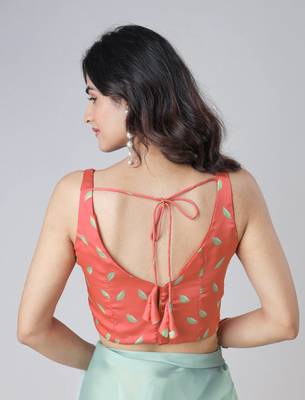 mint green & coral freehand floral print pre-stitched saree 7