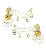 Traditional kundan long earrings with pearl drops, gold-plated, pearl chain ear support indian jhumka earrings