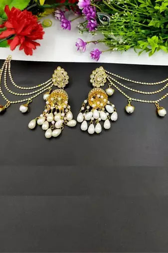 Traditional kundan long earrings with pearl drops, gold-plated, pearl chain ear support indian jhumka earrings