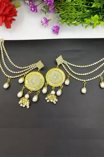 Unique design jhumka earrings with chain hair extensions gold tone & pearl accents ethnic jewelry for women