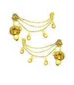 Trendy gold tone jhumka earrings with hair chain pearl drops jhumki indian style lightweight jewelry for women