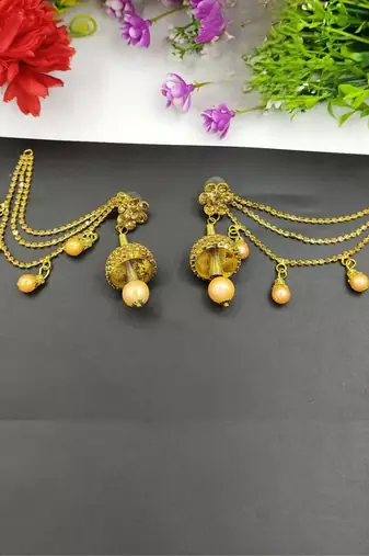 Trendy gold tone jhumka earrings with hair chain pearl drops jhumki indian style lightweight jewelry for women