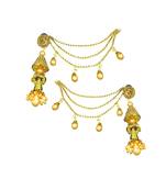 Antique gold finish layered long jhumka earrings with hair extension chains pearl drops ethnic jewelry for women