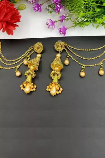 Antique gold finish layered long jhumka earrings with hair extension chains pearl drops ethnic jewelry for women