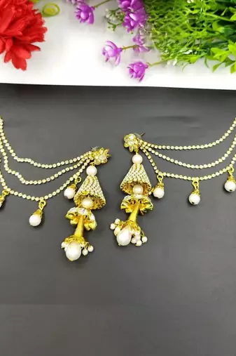Latest stylish chain connected earrings with pearl drops gold plated long jhumki indian jewelry for women