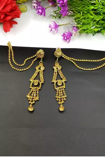 Fashionable jhumka with hair chain ethnic perfect for all occasions lightweight gold plated dangle earrings