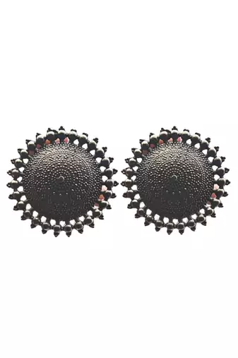 Handcrafted oxidized silver-plated earrings antique round shape beaded detailing traditional