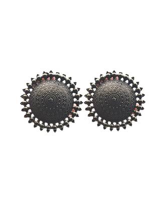 Handcrafted oxidized silver-plated earrings antique round shape beaded detailing traditional 3