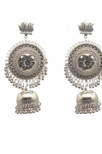 Handcrafted fashion oxidized silver jhumka for women statement lightweight silver-plated dangle earrings