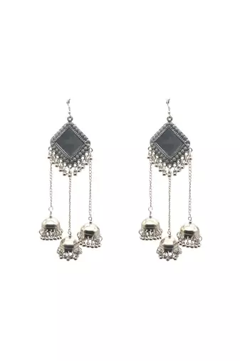 Handmade oxidized silver mirror long jhumka earrings for women dangle earings with multi-layered hanging bells
