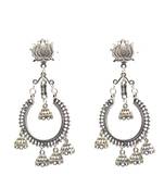Oxidized silver lotus jhumka earrings for women indian traditional hoop dangle earrings with bell charms