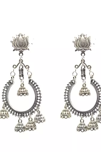 Oxidized silver lotus jhumka earrings for women indian traditional hoop dangle earrings with bell charms
