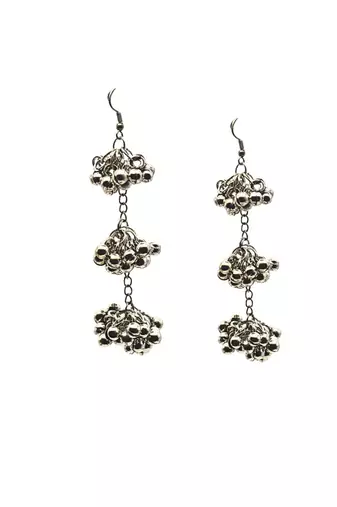 Fashion oxidised antique silver-plated multi-layered dangle earrings with intricate beaded clusters