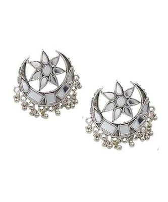 Traditional antique silver-plated crescent moon stud oxydised earrings with floral mirror work hanging beaded 1