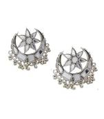 Traditional antique silver-plated crescent moon stud oxydised earrings with floral mirror work hanging beaded